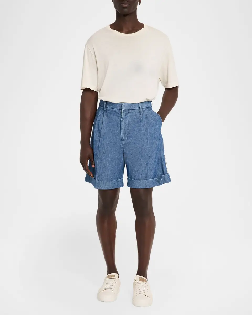 Valentino Garavani Men's Crochet-Trim Denim Shorts | Thumbnail 2