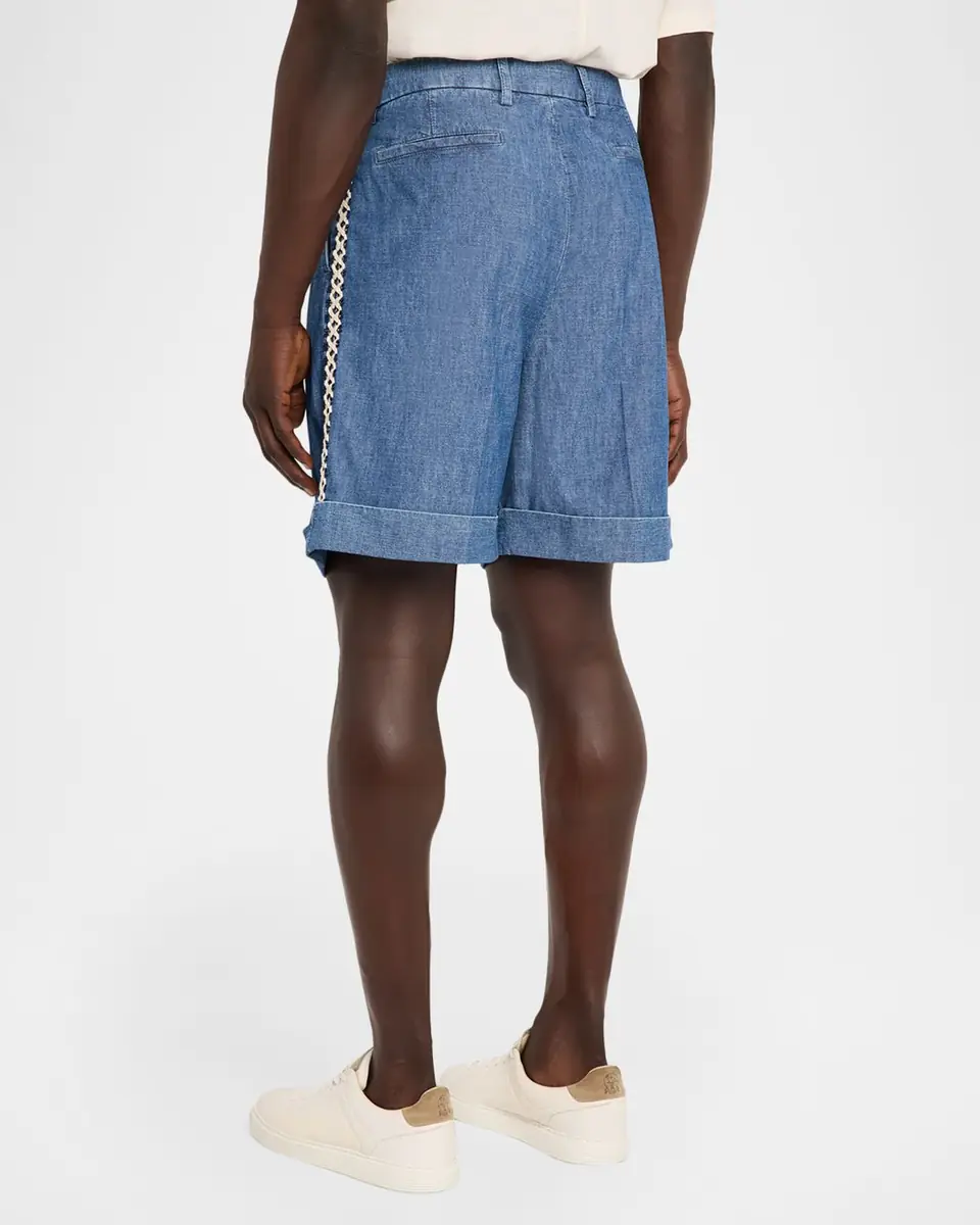 Valentino Garavani Men's Crochet-Trim Denim Shorts | Thumbnail 3