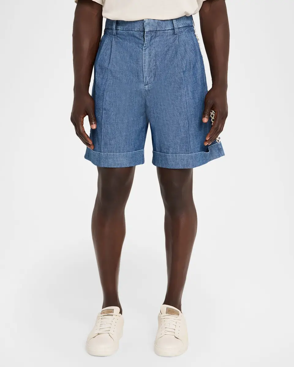 Valentino Garavani Men's Crochet-Trim Denim Shorts | Thumbnail 4