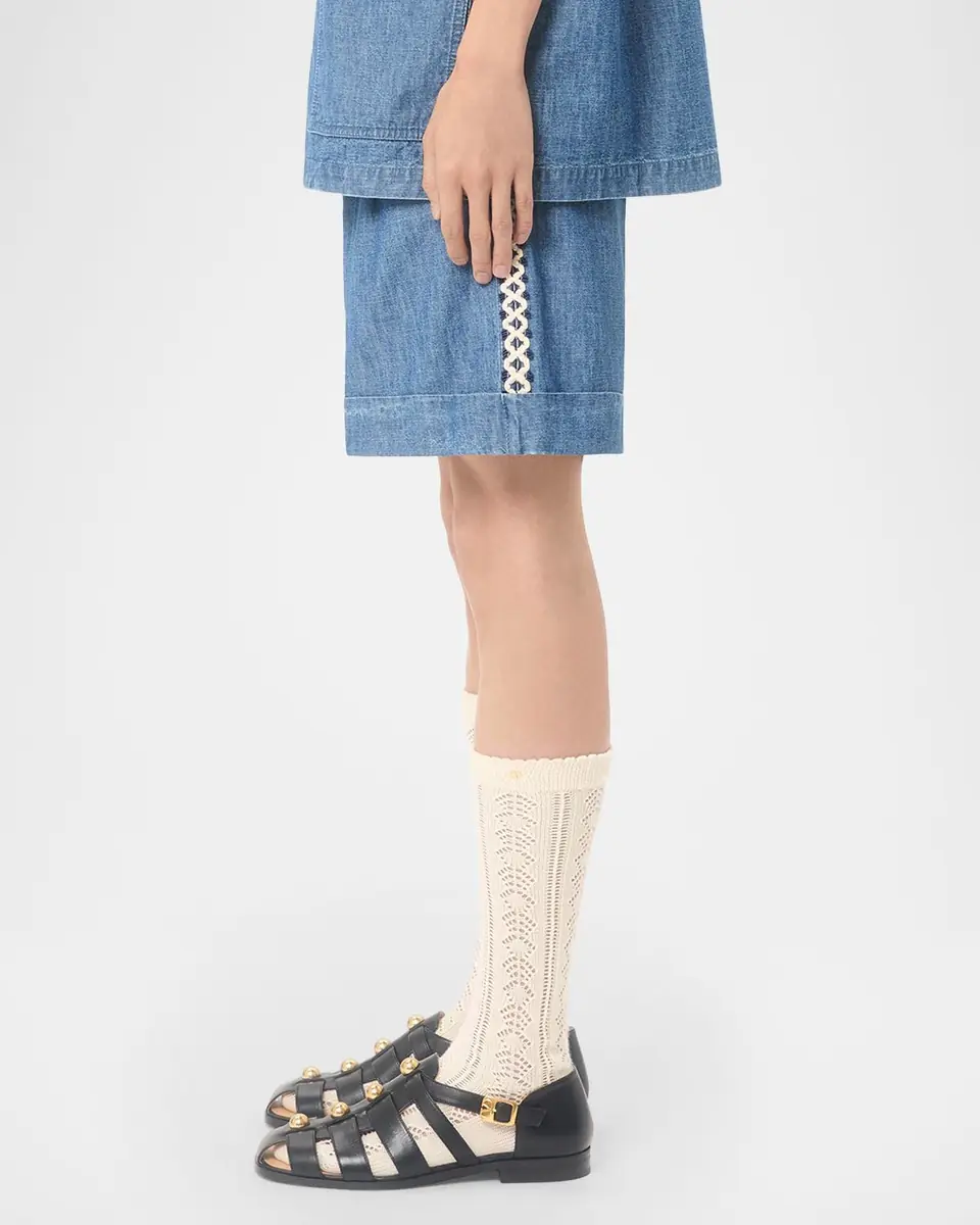 Valentino Garavani Men's Crochet-Trim Denim Shorts | Thumbnail 6