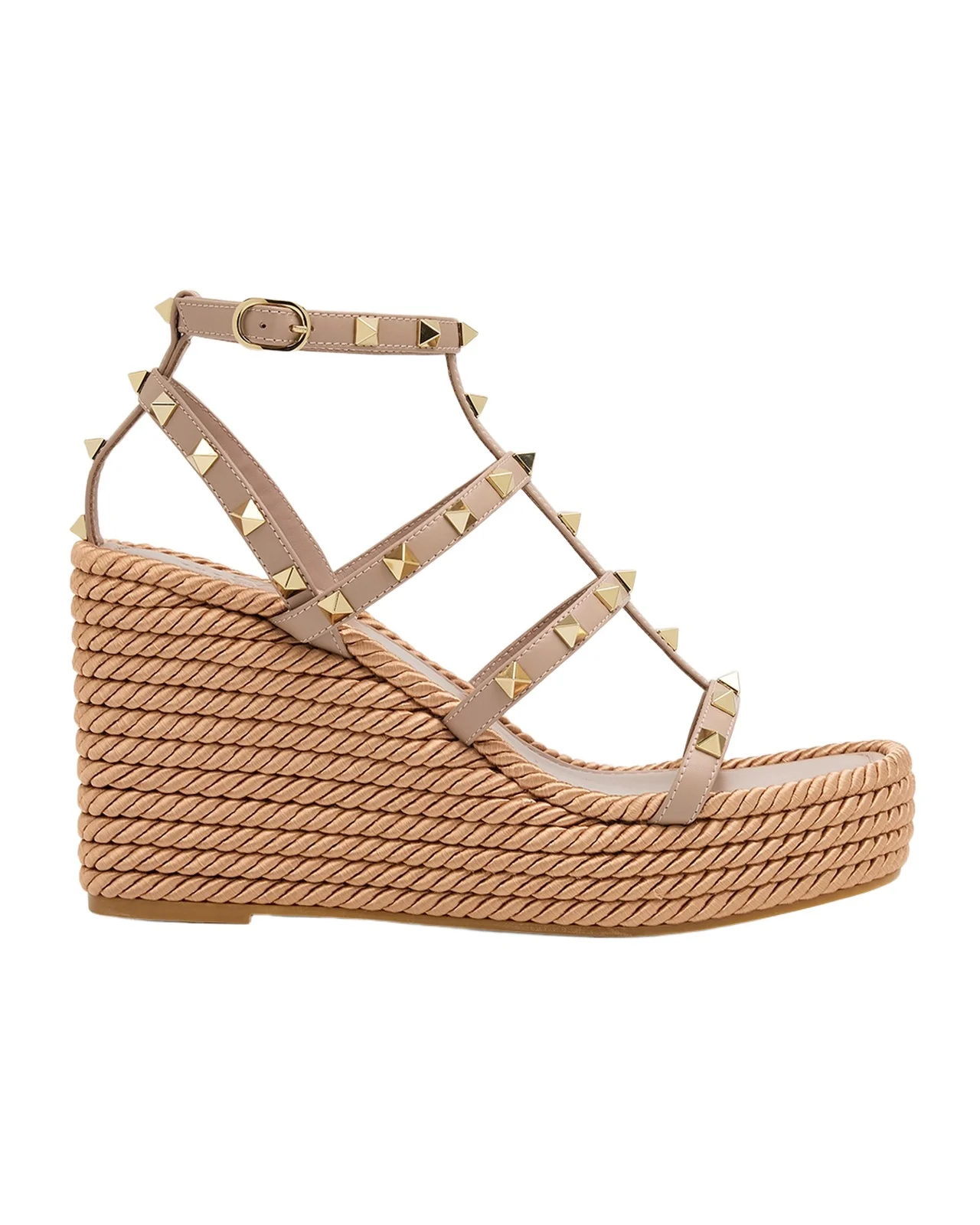 95mm Rockstud Leather Wedge Espadrille Sandals