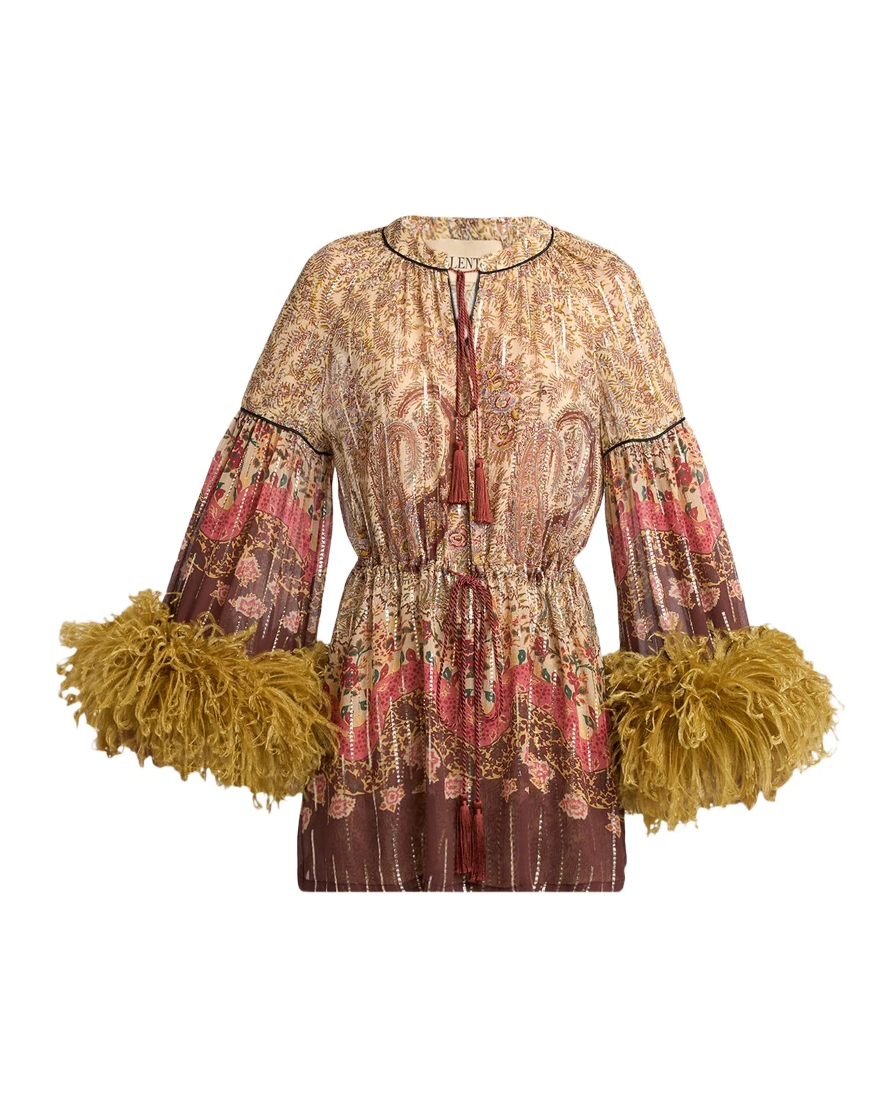 Valentino Garavani Flare-Sleeve Metallic Paisley Silk Top With Feather Trim
