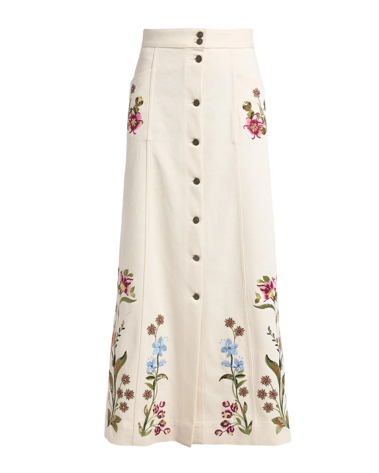 Floral Embroidered Denim Button-Front Maxi Skirt Floral Embroidered Denim Button-Front Maxi Skirt