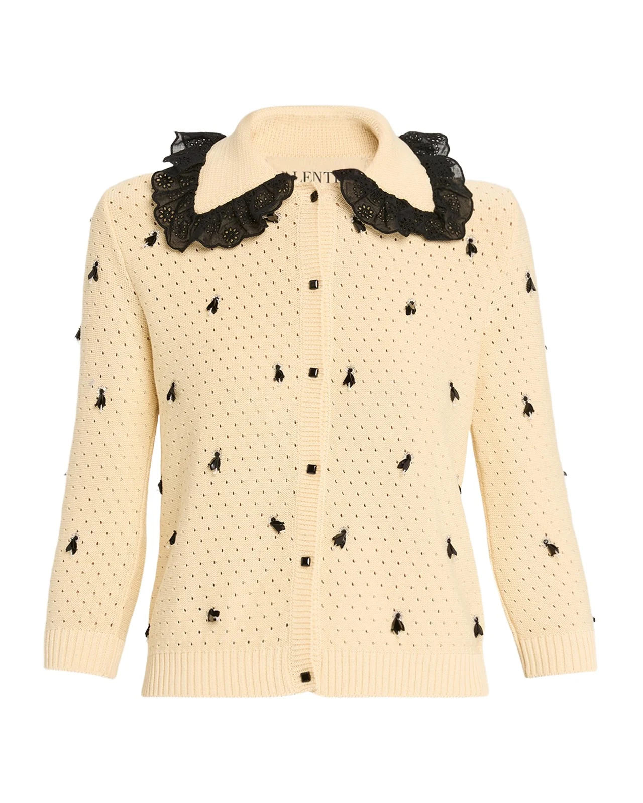 Pointelle Micro Tassel Ruffled Cardigan