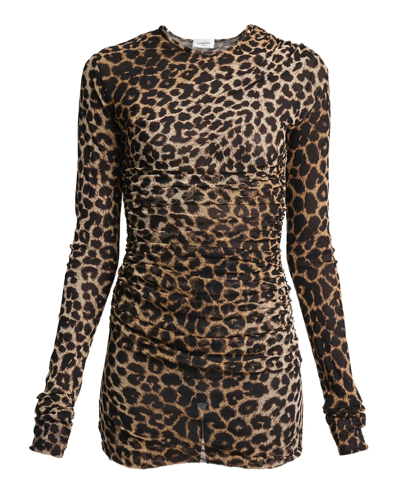 Leopard-Print Ruched Long-Sleeve Mini Dress