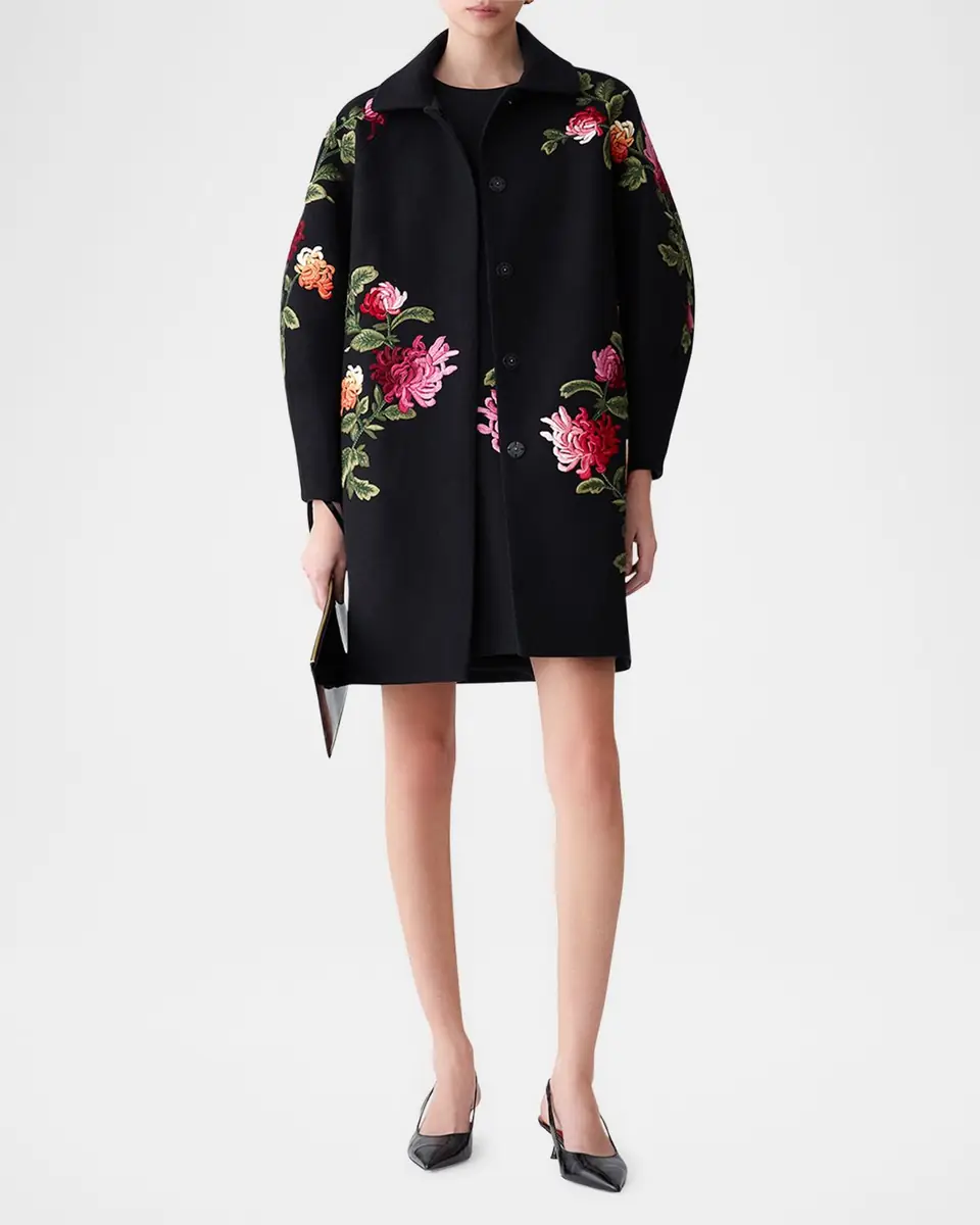Carolina Herrera Floral-Embroidered Wool Cocoon Coat | Thumbnail 2 Carolina Herrera Floral-Embroidered Wool Cocoon Coat | Thumbnail 2