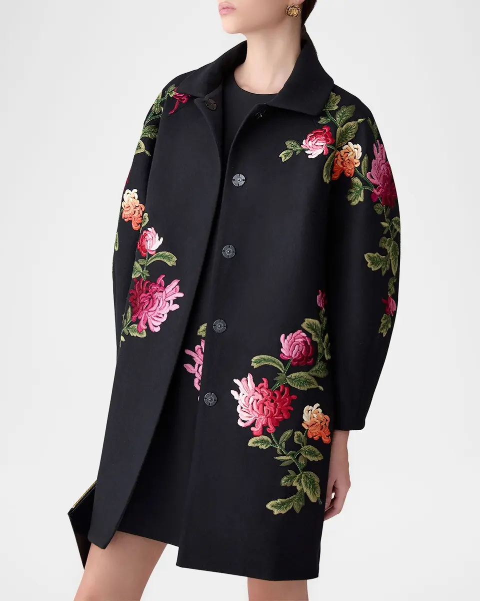 Carolina Herrera Floral-Embroidered Wool Cocoon Coat | Thumbnail 4 Carolina Herrera Floral-Embroidered Wool Cocoon Coat | Thumbnail 4