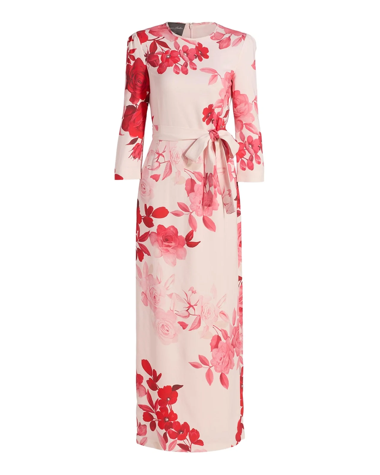 Rose-Print Crepe Belted Bracelet-Sleeve Maxi Dress