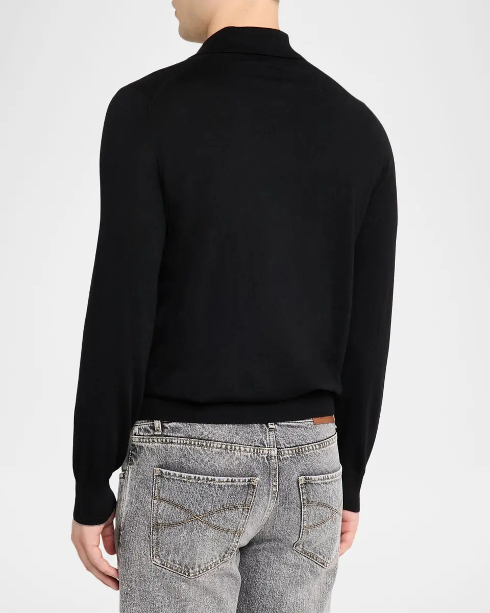 Brunello Cucinelli Men's Fine Gauge Wool-Cashmere Polo Shirt | Thumbnail 3 Brunello Cucinelli Men's Fine Gauge Wool-Cashmere Polo Shirt | Thumbnail 3