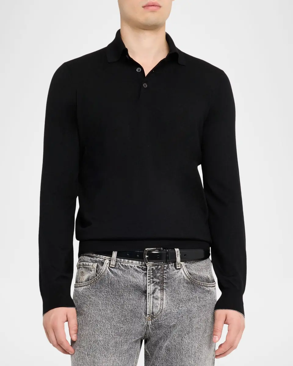 Brunello Cucinelli Men's Fine Gauge Wool-Cashmere Polo Shirt | Thumbnail 4 Brunello Cucinelli Men's Fine Gauge Wool-Cashmere Polo Shirt | Thumbnail 4