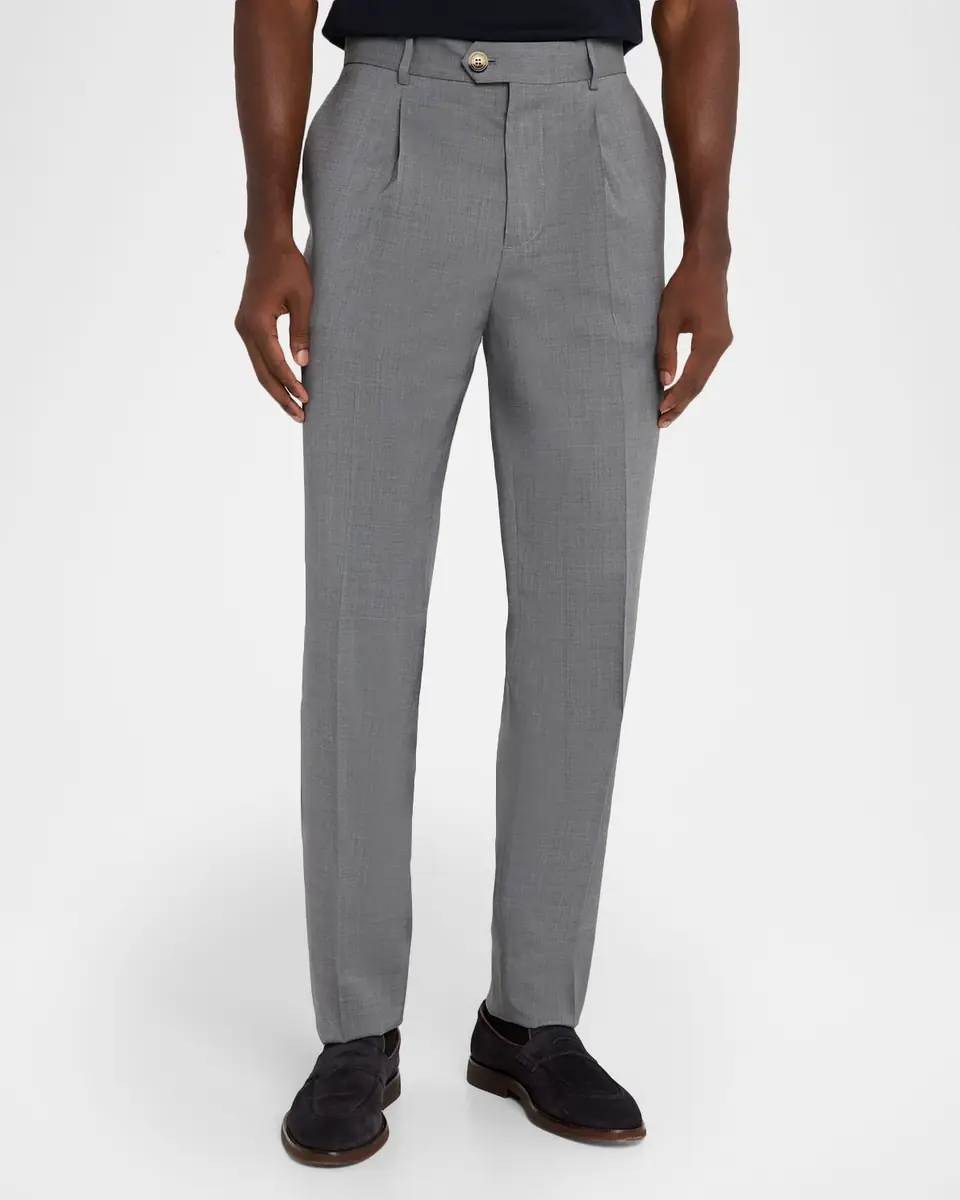 Brunello Cucinelli Men's Virgin Wool Sharkskin Pleated Trousers | Thumbnail 4 Brunello Cucinelli Men's Virgin Wool Sharkskin Pleated Trousers | Thumbnail 4