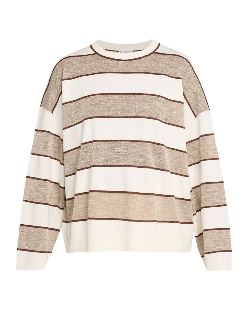 Brunello Cucinelli Shimmering Striped Wool-Cashmere Crewneck Sweater | Image 1 Brunello Cucinelli Shimmering Striped Wool-Cashmere Crewneck Sweater | Image 1