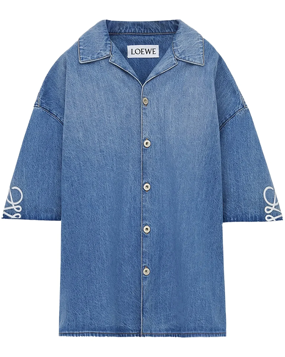 Loewe Men's Washed Denim Anagram-Sleeve Camp Shirt