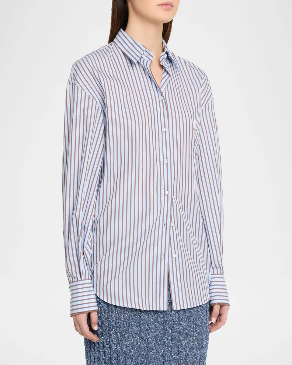Brunello Cucinelli Monili-Trim Striped Cotton Poplin Button-Down Shirt | Thumbnail 4 Brunello Cucinelli Monili-Trim Striped Cotton Poplin Button-Down Shirt | Thumbnail 4