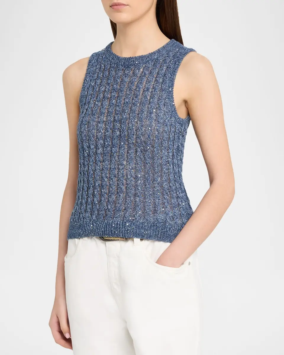 Brunello Cucinelli Linen Dazzling Cable Openwork Knit Tank Top | Thumbnail 4 Brunello Cucinelli Linen Dazzling Cable Openwork Knit Tank Top | Thumbnail 4