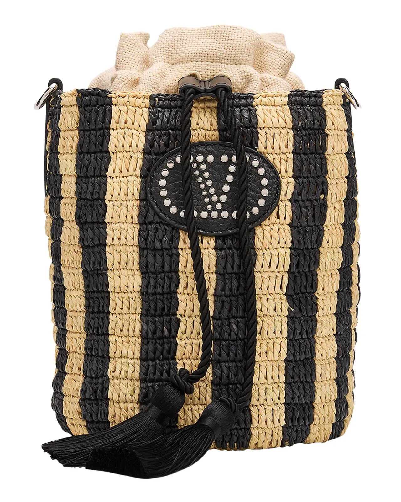 Valentino Garavani Small Striped Viscose Raffia Bucket Bag