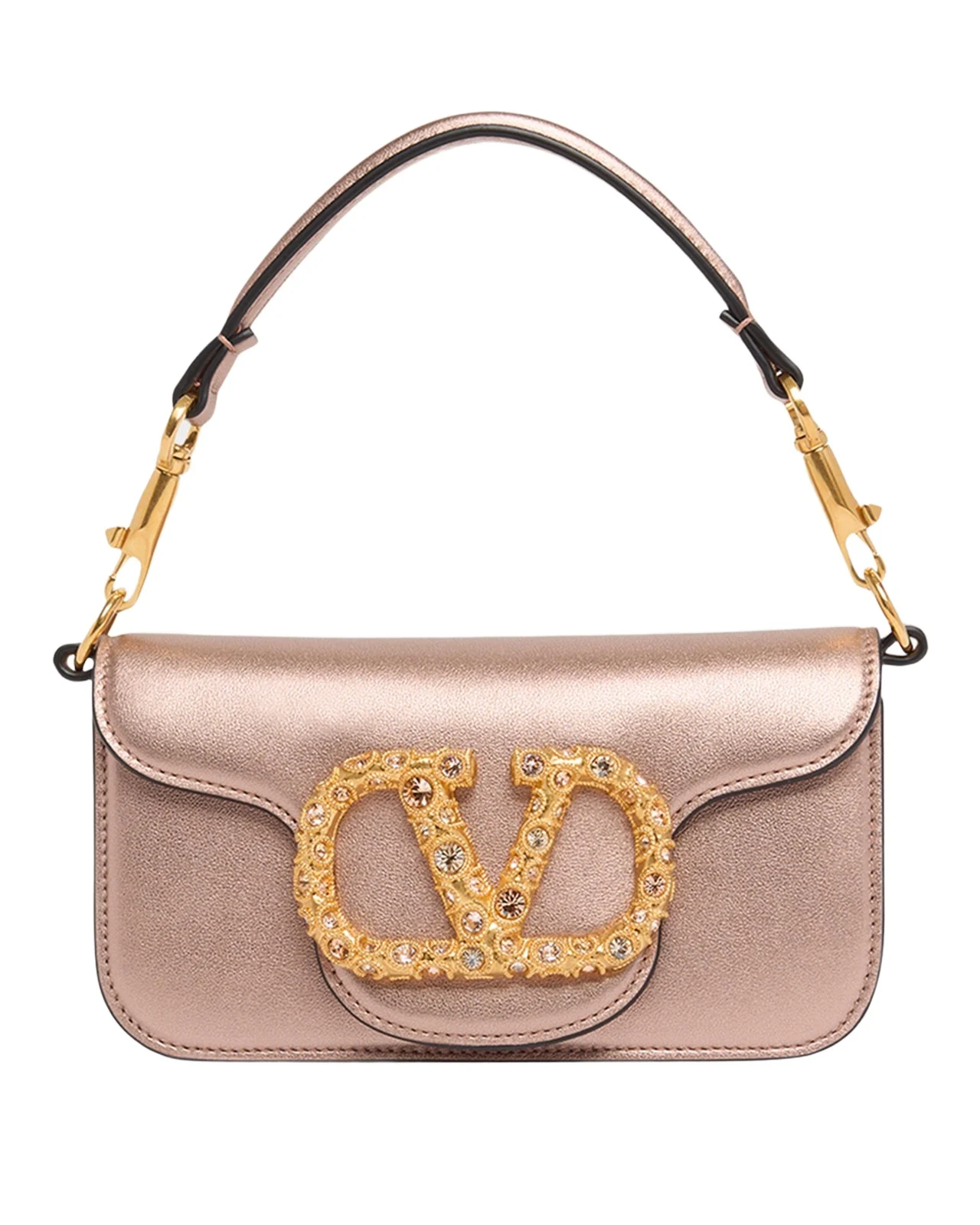 Small Crystal VLogo Metallic Leather Top-Handle Bag