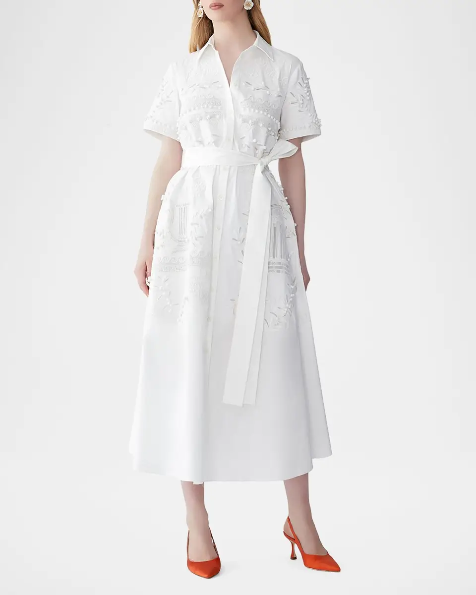 Carolina Herrera Grecian Embroidered Short-Sleeve Midi Shirtdress With Belt | Thumbnail 2 Carolina Herrera Grecian Embroidered Short-Sleeve Midi Shirtdress With Belt | Thumbnail 2