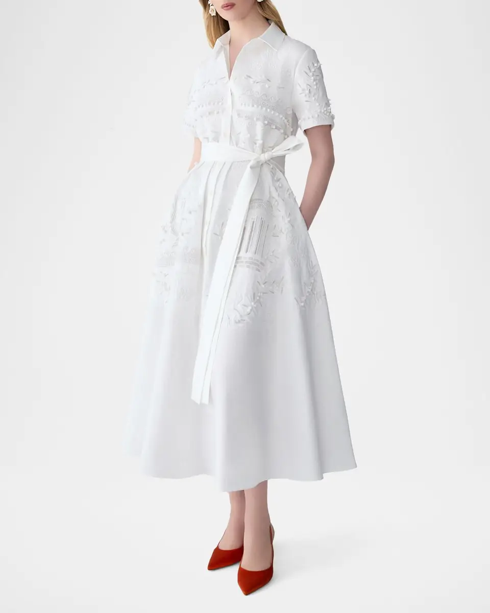 Carolina Herrera Grecian Embroidered Short-Sleeve Midi Shirtdress With Belt | Thumbnail 4 Carolina Herrera Grecian Embroidered Short-Sleeve Midi Shirtdress With Belt | Thumbnail 4