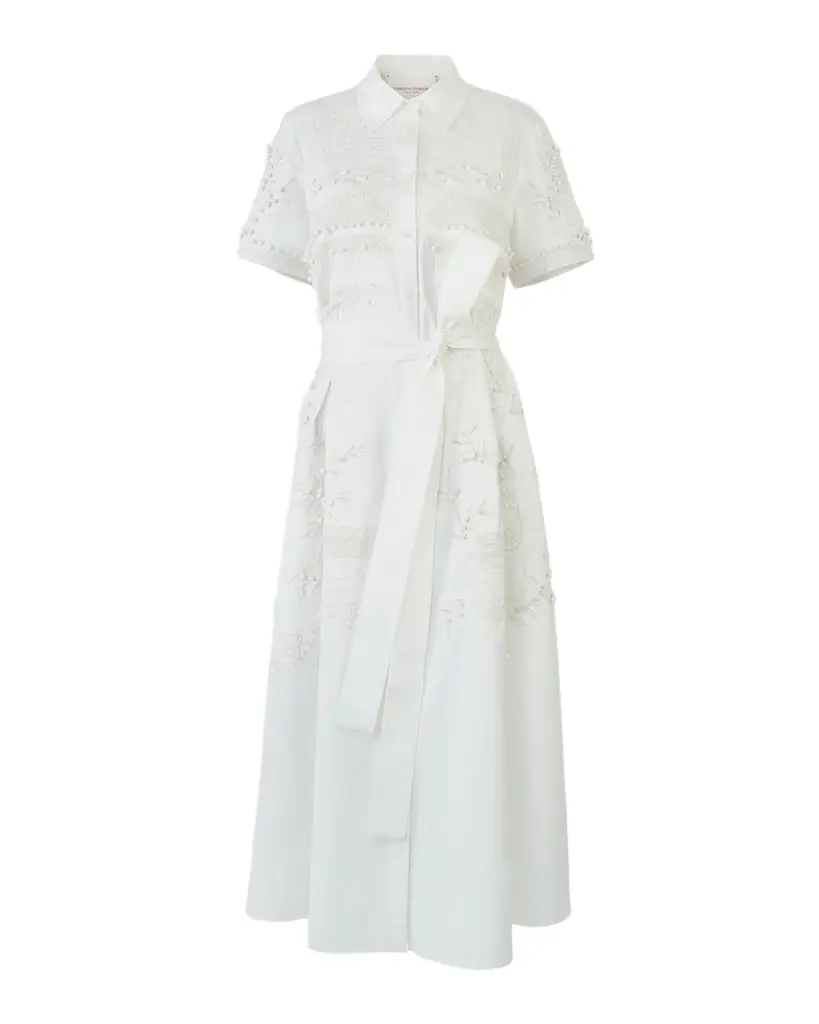 Grecian Embroidered Short-Sleeve Midi Shirtdress With Belt Grecian Embroidered Short-Sleeve Midi Shirtdress With Belt