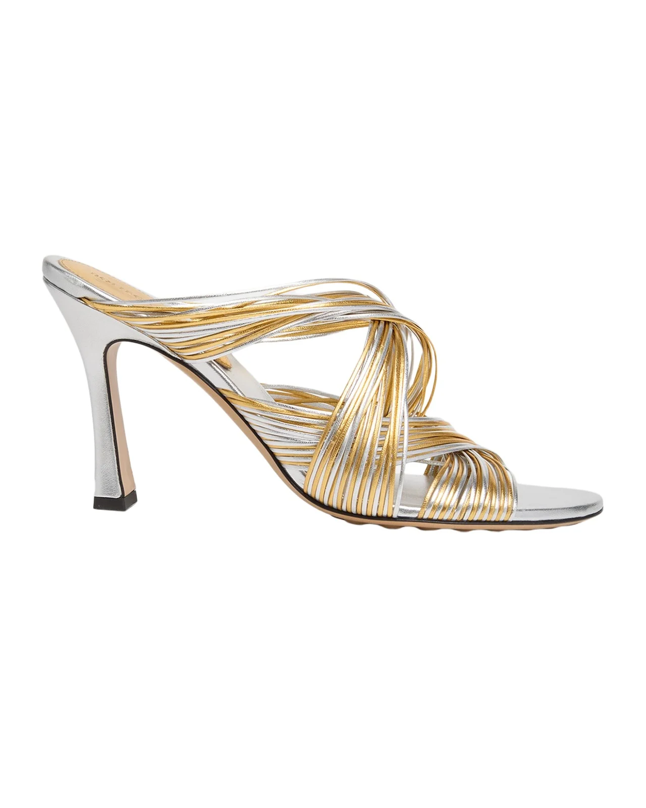 Bottega Veneta 90mm Rana Metallic Leather Tubular Mules