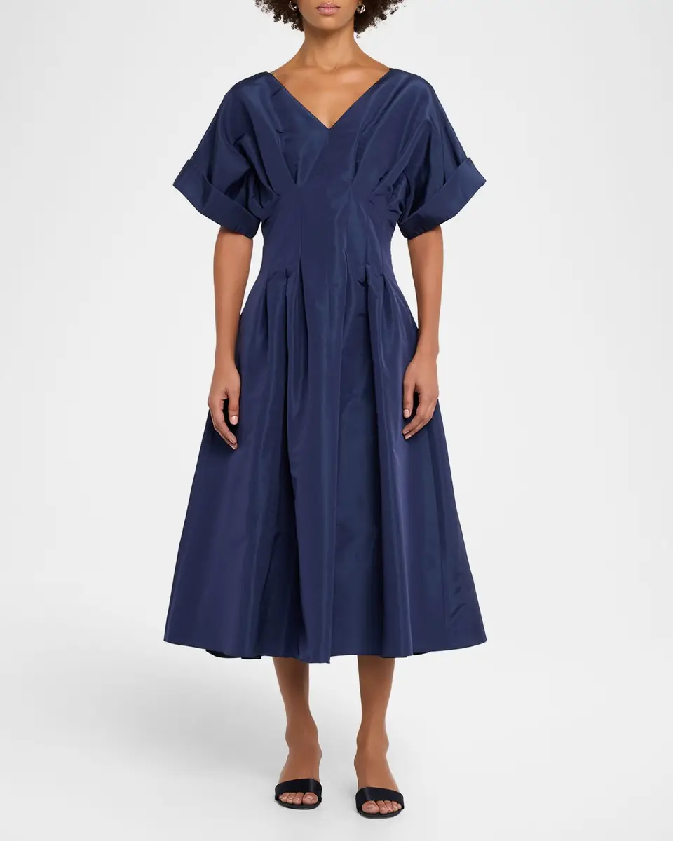Carolina Herrera V-Neck Pleated Short-Sleeve Midi Dress | Thumbnail 2 Carolina Herrera V-Neck Pleated Short-Sleeve Midi Dress | Thumbnail 2