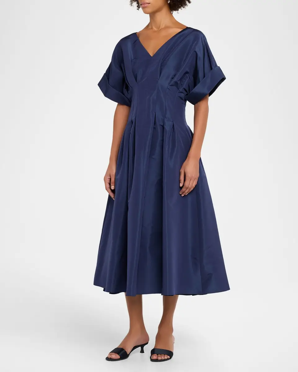 Carolina Herrera V-Neck Pleated Short-Sleeve Midi Dress | Thumbnail 4 Carolina Herrera V-Neck Pleated Short-Sleeve Midi Dress | Thumbnail 4