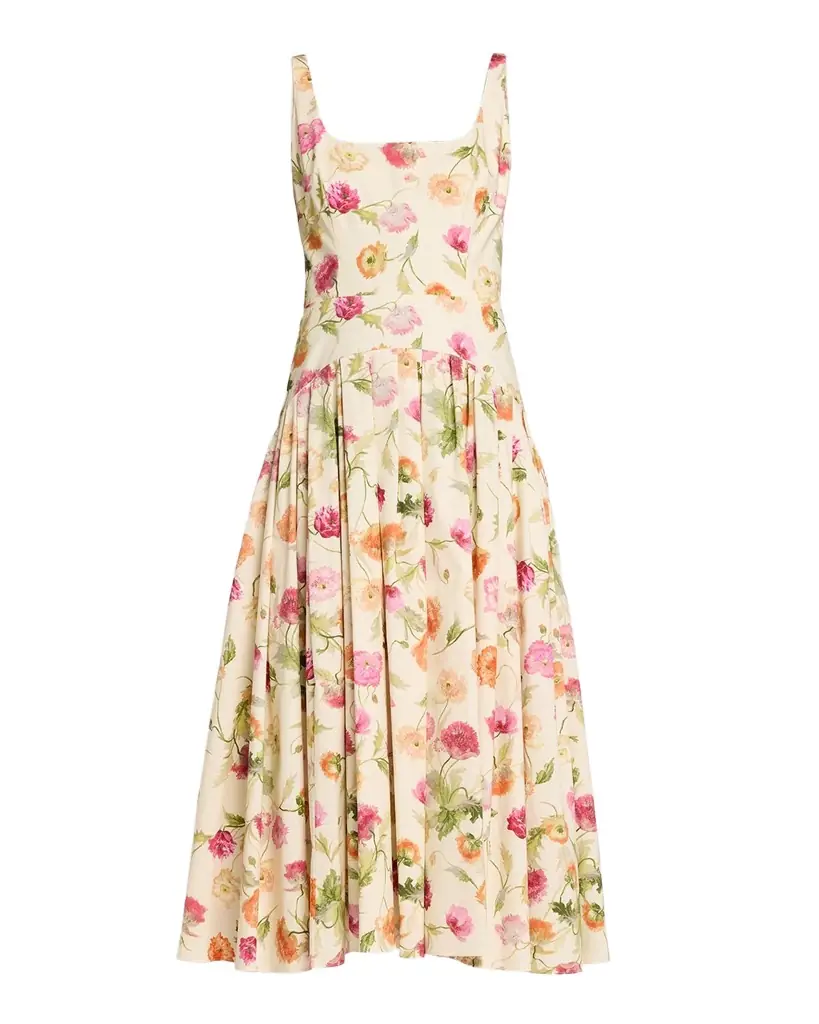 Carolina Herrera Floral Sleeveless Drop-Waist Pleated Midi Dress | Image 1 Carolina Herrera Floral Sleeveless Drop-Waist Pleated Midi Dress | Image 1