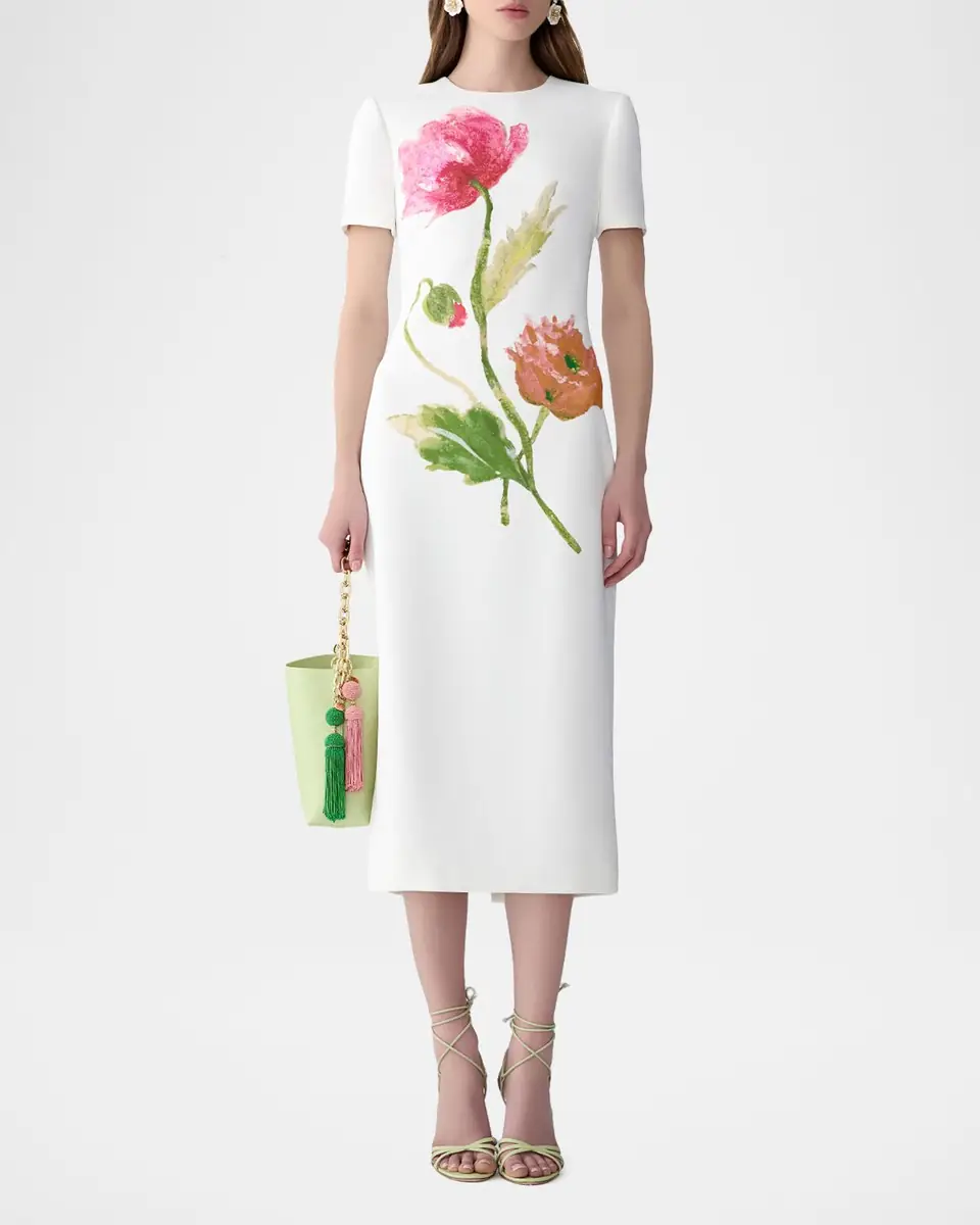 Carolina Herrera Flower-Print Crepe Short-Sleeve Midi Dress | Thumbnail 2 Carolina Herrera Flower-Print Crepe Short-Sleeve Midi Dress | Thumbnail 2