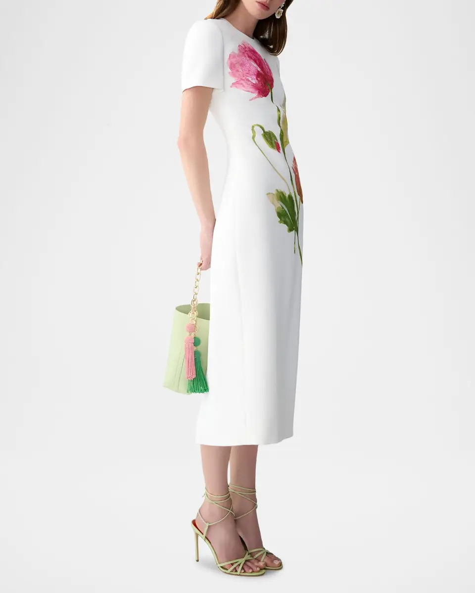 Carolina Herrera Flower-Print Crepe Short-Sleeve Midi Dress | Thumbnail 4 Carolina Herrera Flower-Print Crepe Short-Sleeve Midi Dress | Thumbnail 4