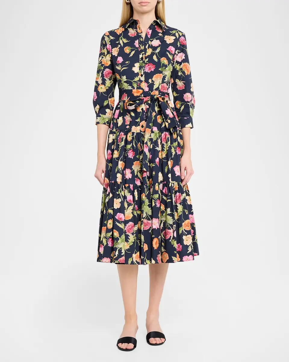 Carolina Herrera Belted 3/4-Sleeve Floral Cotton Midi Shirt Dress | Thumbnail 2