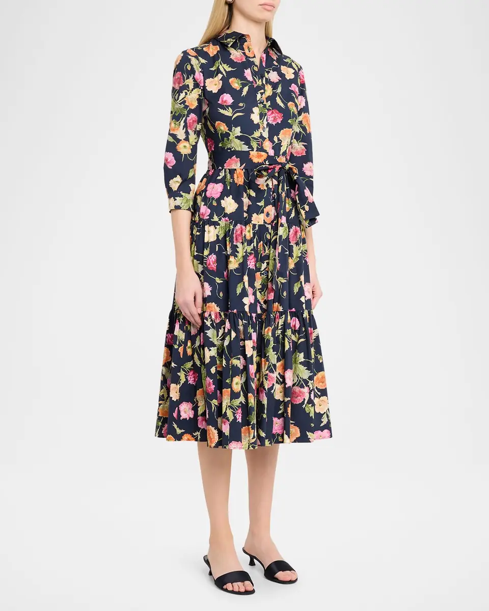 Carolina Herrera Belted 3/4-Sleeve Floral Cotton Midi Shirt Dress | Thumbnail 4