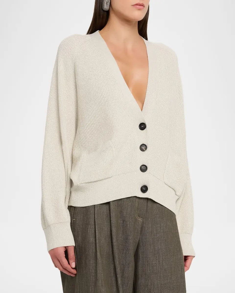Brunello Cucinelli Sparkling Wool Rib V-Neck Cardigan | Thumbnail 4 Brunello Cucinelli Sparkling Wool Rib V-Neck Cardigan | Thumbnail 4