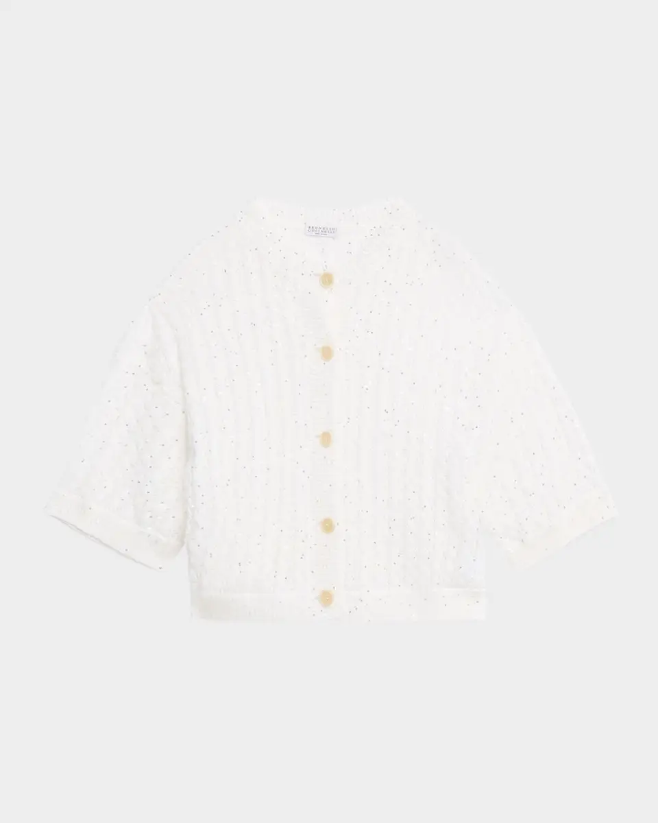 Brunello Cucinelli Linen Pailette Charming Cable-Knit Cardigan