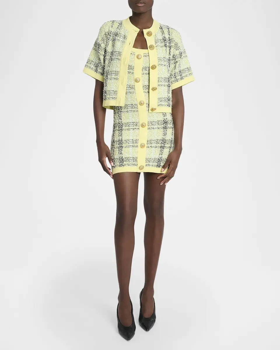 Balmain Paillette Check Tweed Short-Sleeve Cardigan | Thumbnail 2 Balmain Paillette Check Tweed Short-Sleeve Cardigan | Thumbnail 2