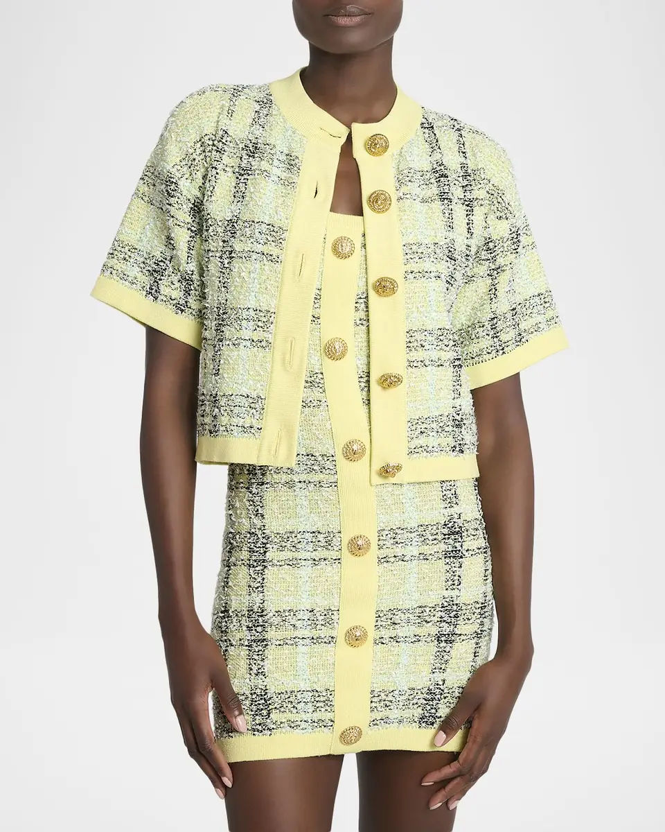 Balmain Paillette Check Tweed Short-Sleeve Cardigan | Thumbnail 4 Balmain Paillette Check Tweed Short-Sleeve Cardigan | Thumbnail 4