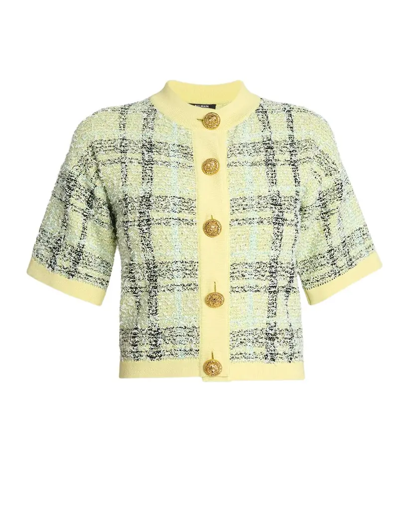 Balmain Paillette Check Tweed Short-Sleeve Cardigan | Image 1 Balmain Paillette Check Tweed Short-Sleeve Cardigan | Image 1