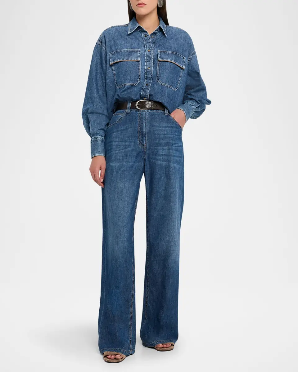 Brunello Cucinelli Lightweight Denim Wide-Leg Jeans With Monili Trim | Thumbnail 2 Brunello Cucinelli Lightweight Denim Wide-Leg Jeans With Monili Trim | Thumbnail 2