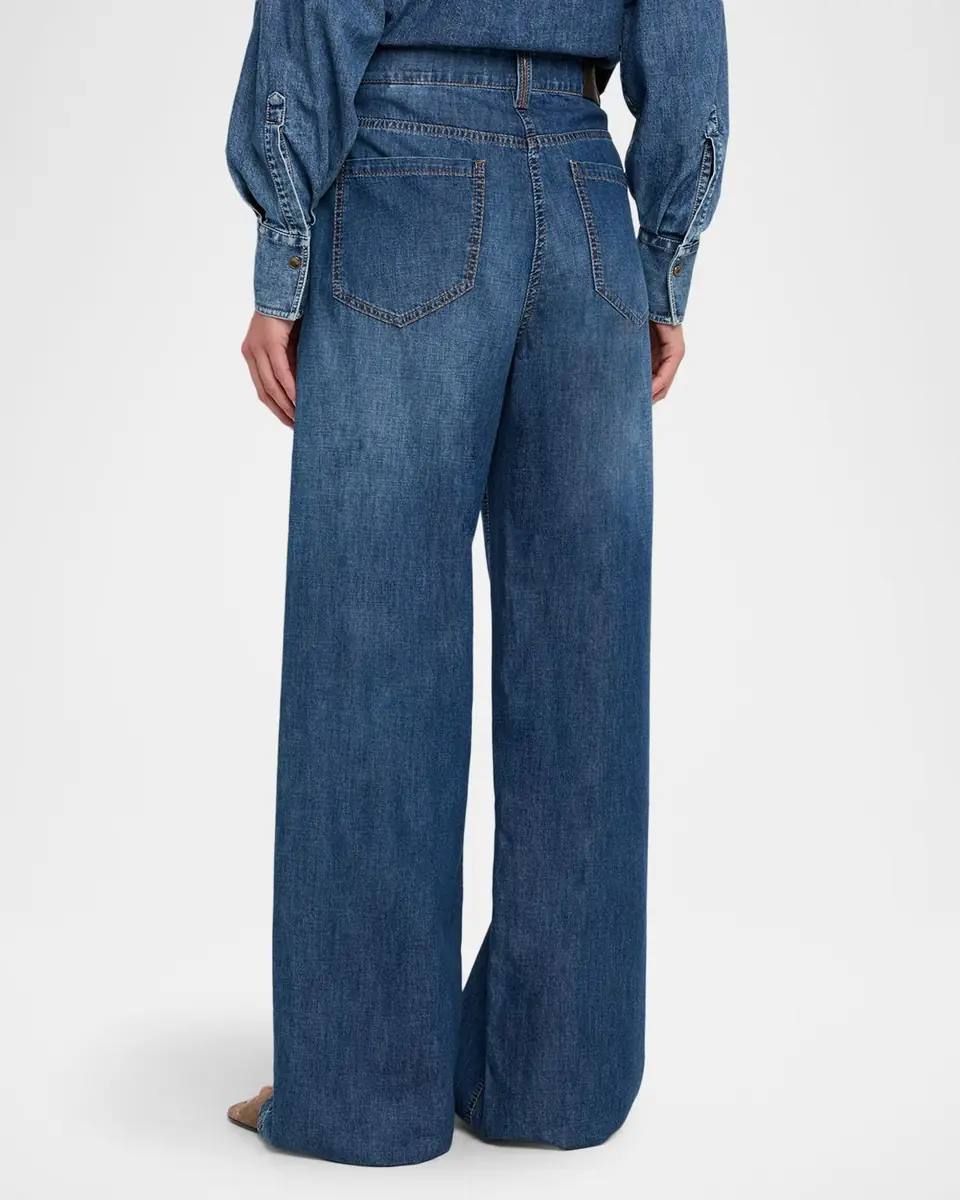 Brunello Cucinelli Lightweight Denim Wide-Leg Jeans With Monili Trim | Thumbnail 3 Brunello Cucinelli Lightweight Denim Wide-Leg Jeans With Monili Trim | Thumbnail 3