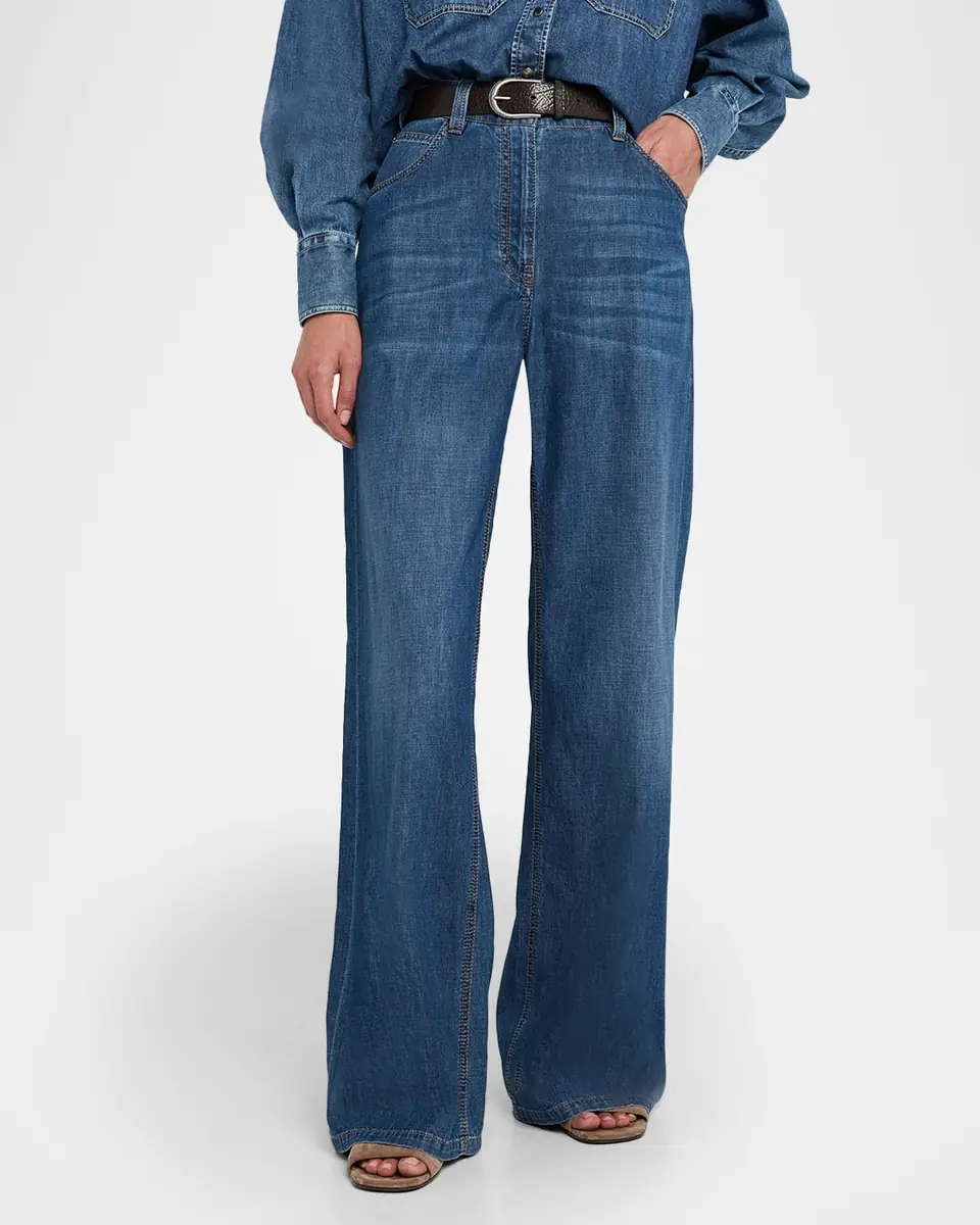 Brunello Cucinelli Lightweight Denim Wide-Leg Jeans With Monili Trim | Thumbnail 4 Brunello Cucinelli Lightweight Denim Wide-Leg Jeans With Monili Trim | Thumbnail 4