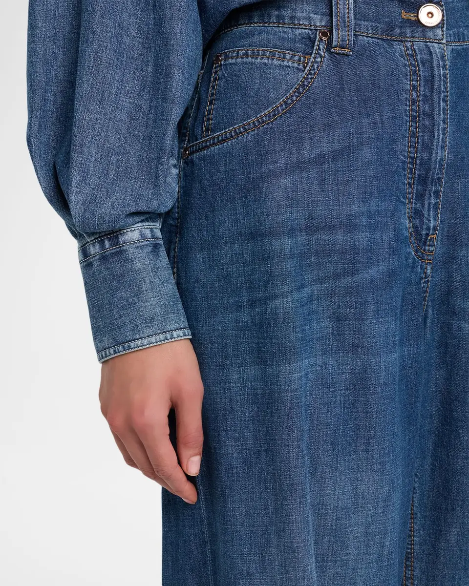 Brunello Cucinelli Lightweight Denim Wide-Leg Jeans With Monili Trim | Thumbnail 5 Brunello Cucinelli Lightweight Denim Wide-Leg Jeans With Monili Trim | Thumbnail 5