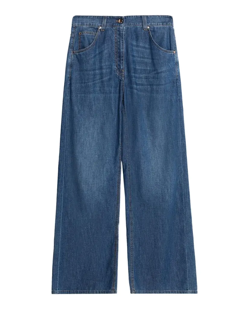 Brunello Cucinelli Lightweight Denim Wide-Leg Jeans With Monili Trim