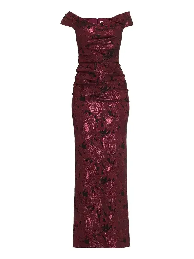 Ruched Metallic Floral Jacquard Column Gown Ruched Metallic Floral Jacquard Column Gown