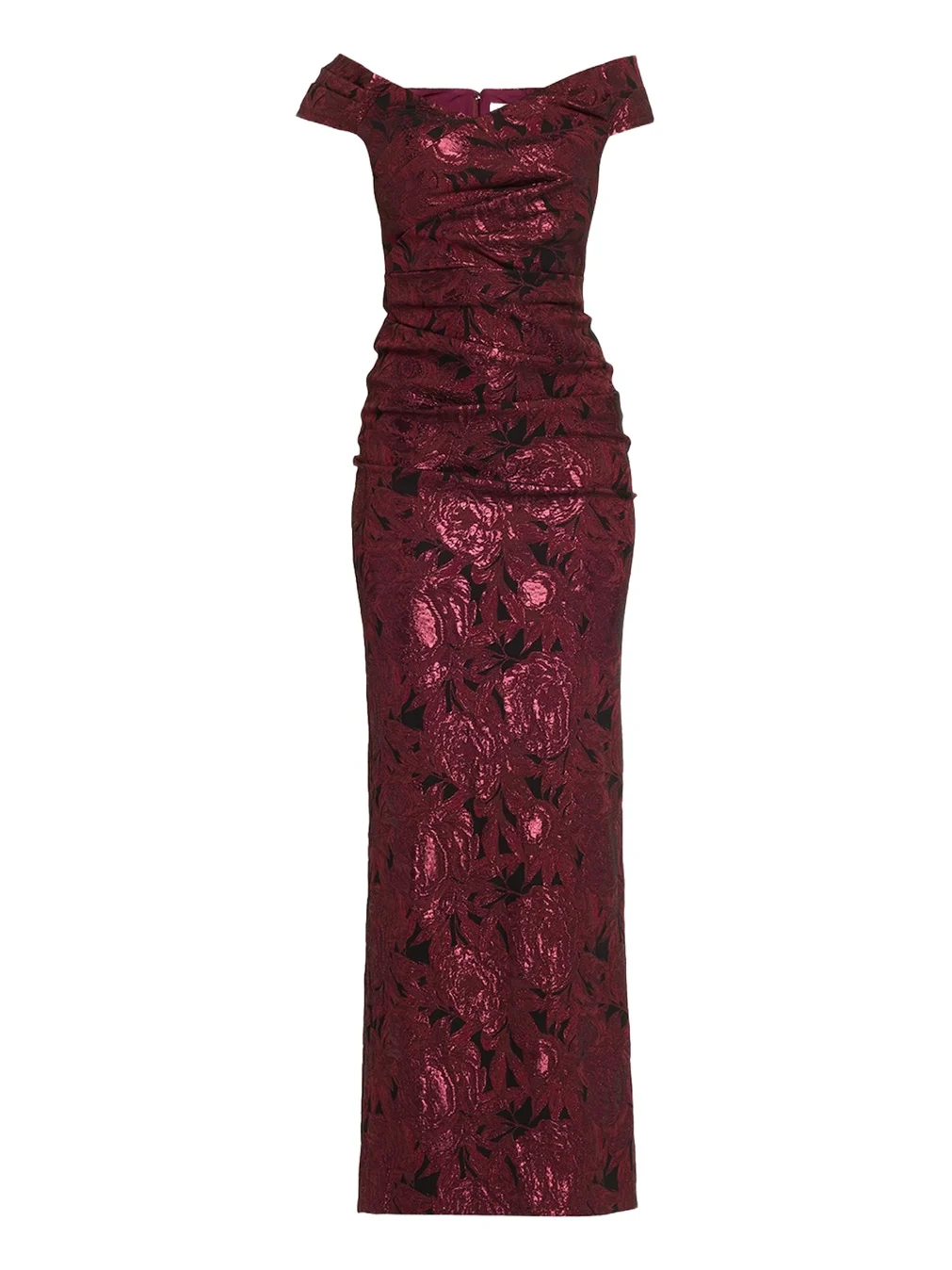 Ruched Metallic Floral Jacquard Column Gown