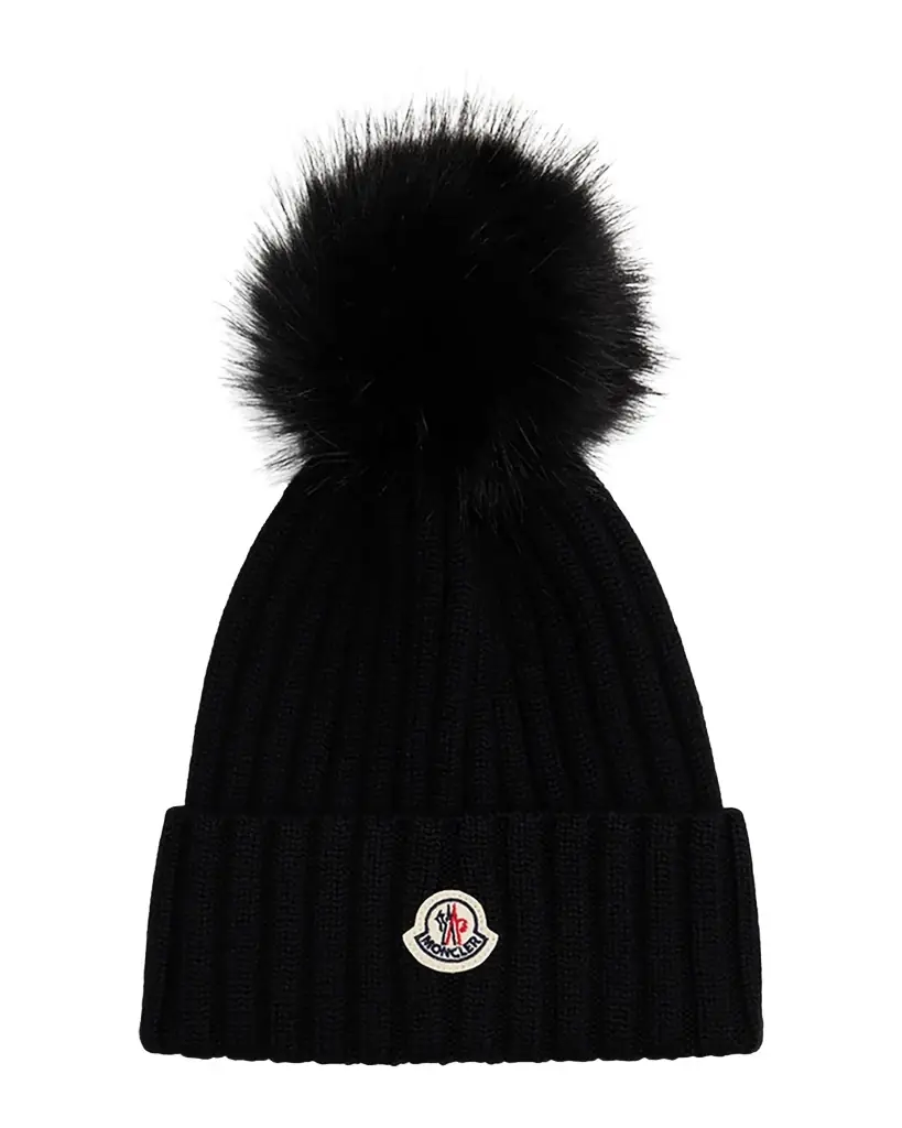 Moncler Ribbed Beanie with Faux Fur Pom | Image 1 Moncler Ribbed Beanie with Faux Fur Pom | Image 1
