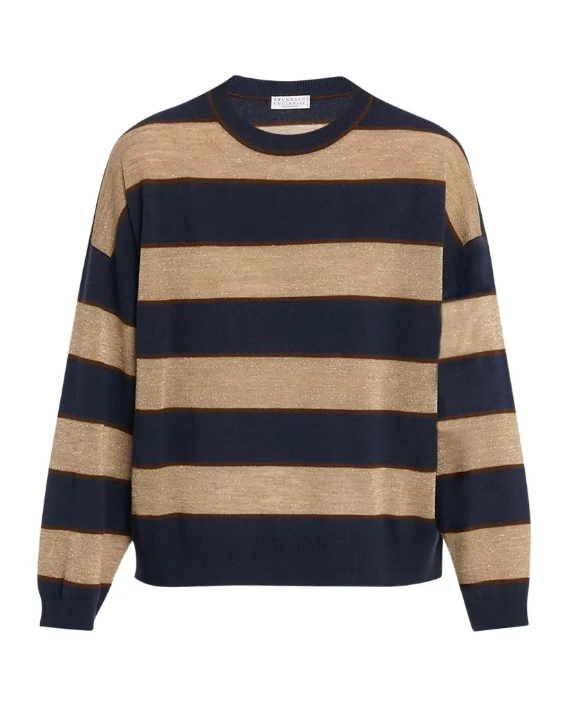 Brunello Cucinelli Shimmering Striped Wool-Cashmere Crewneck Sweater | Image 1 Brunello Cucinelli Shimmering Striped Wool-Cashmere Crewneck Sweater | Image 1