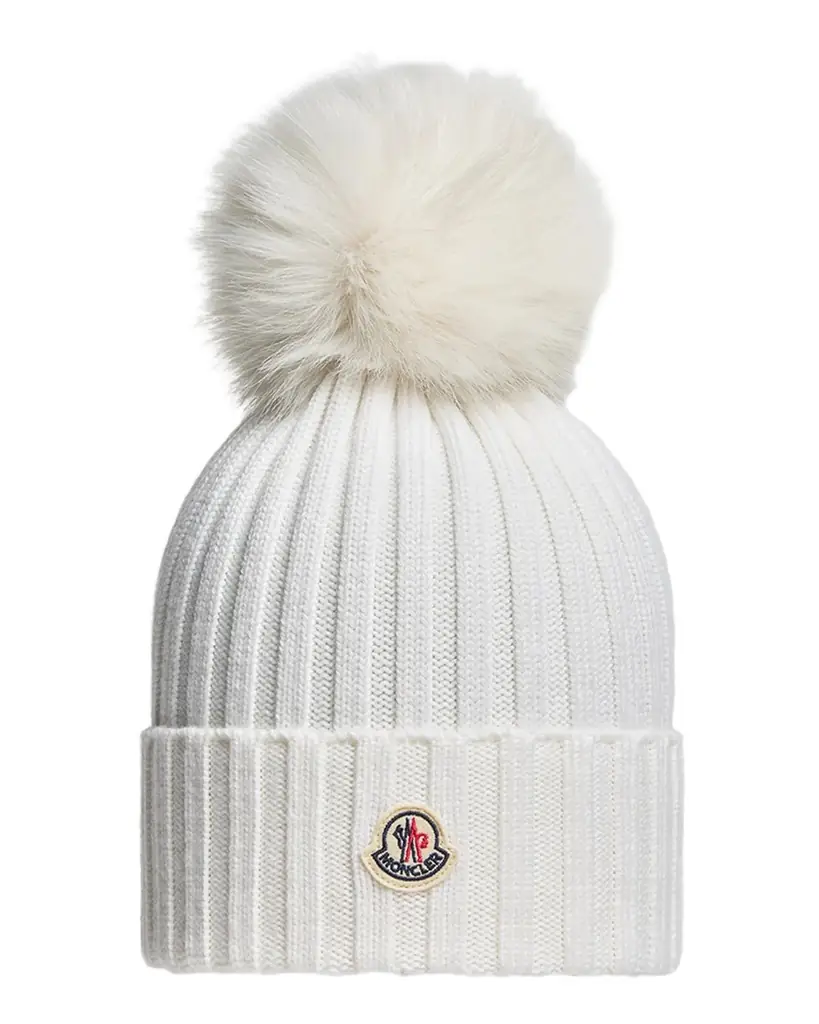 Moncler Ribbed Beanie with Faux Fur Pom | Image 1 Moncler Ribbed Beanie with Faux Fur Pom | Image 1