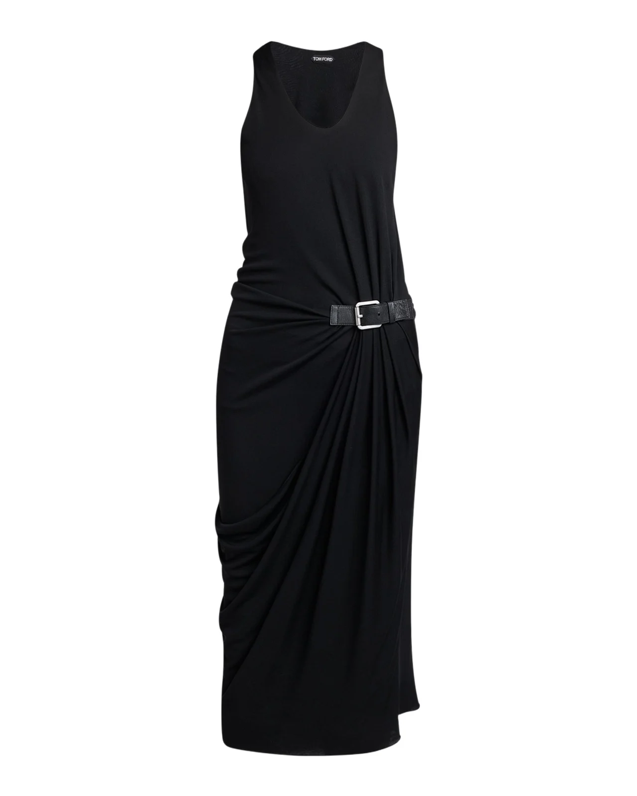 Buckle Gathered Crepe Jersey Sleeveless Midi Dress