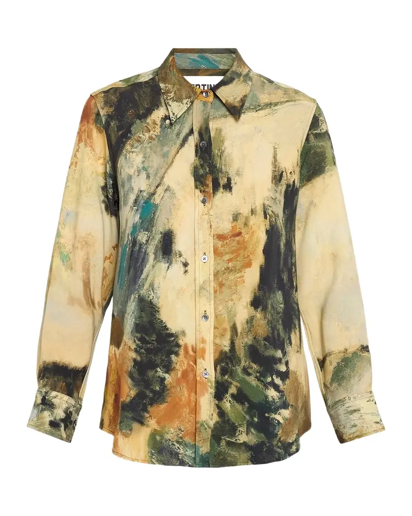 Modernist Landscape Silk Button-Down Shirt