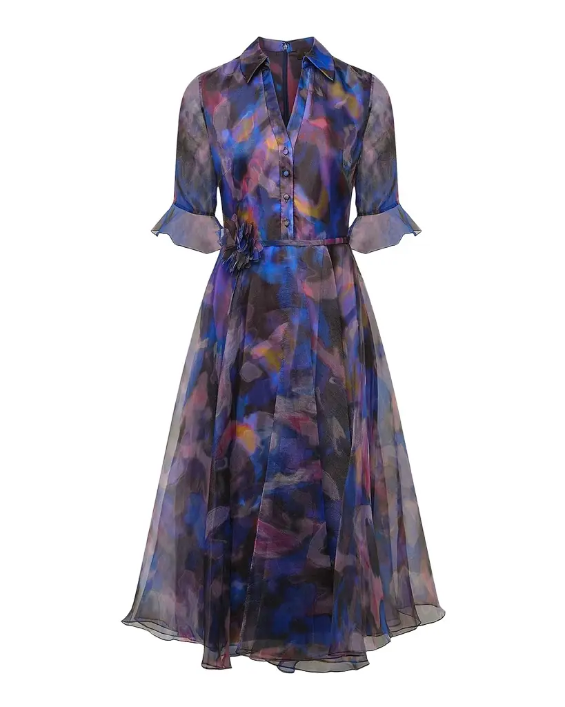 Theia Colette Abstract-Print Organza Midi Shirtdress | Image 1 Theia Colette Abstract-Print Organza Midi Shirtdress | Image 1